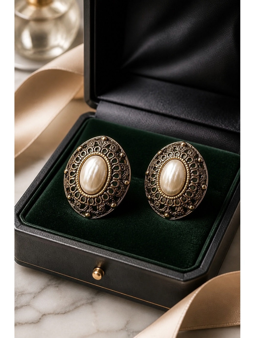 Avon Earrings Gold Tone Faux Pearl Filigree Oval Pierced Post Statement